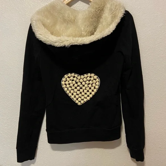 Twisted heart Black cream faux fur hooded tracksuit pants hoodie jacket set S - Picture 2 of 9